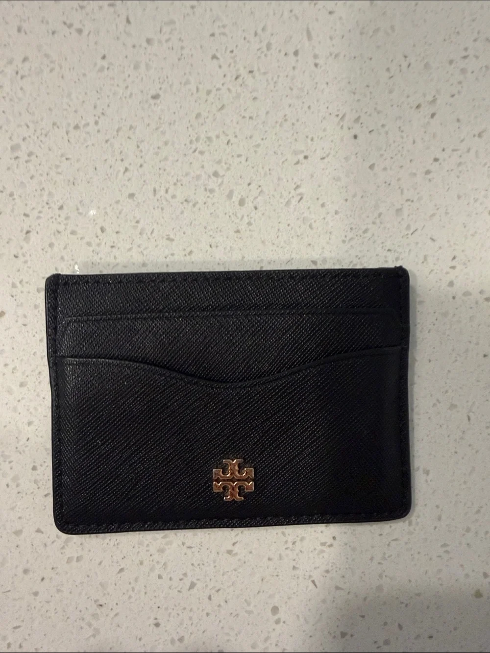 Tory Burch Black Leather Card Holder with Gold Logo Accent